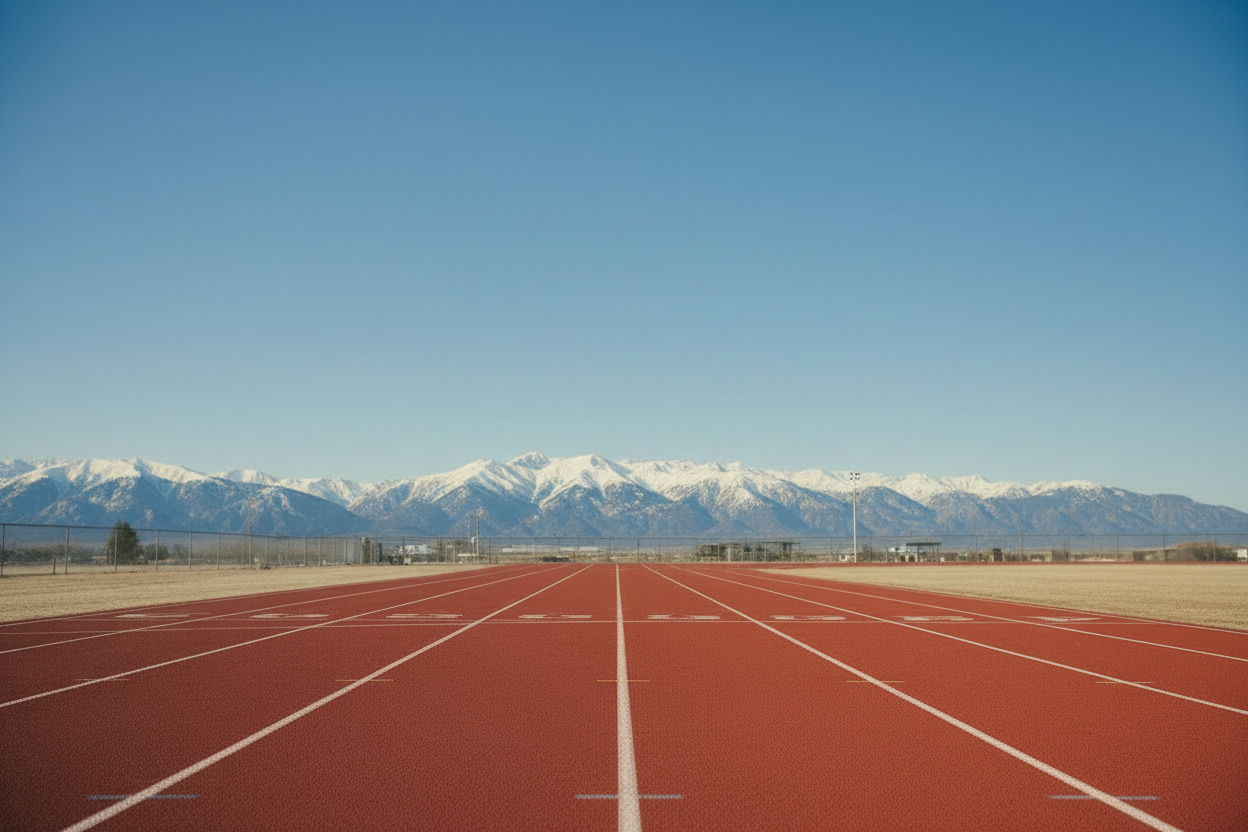 Red running track with mountains in the background